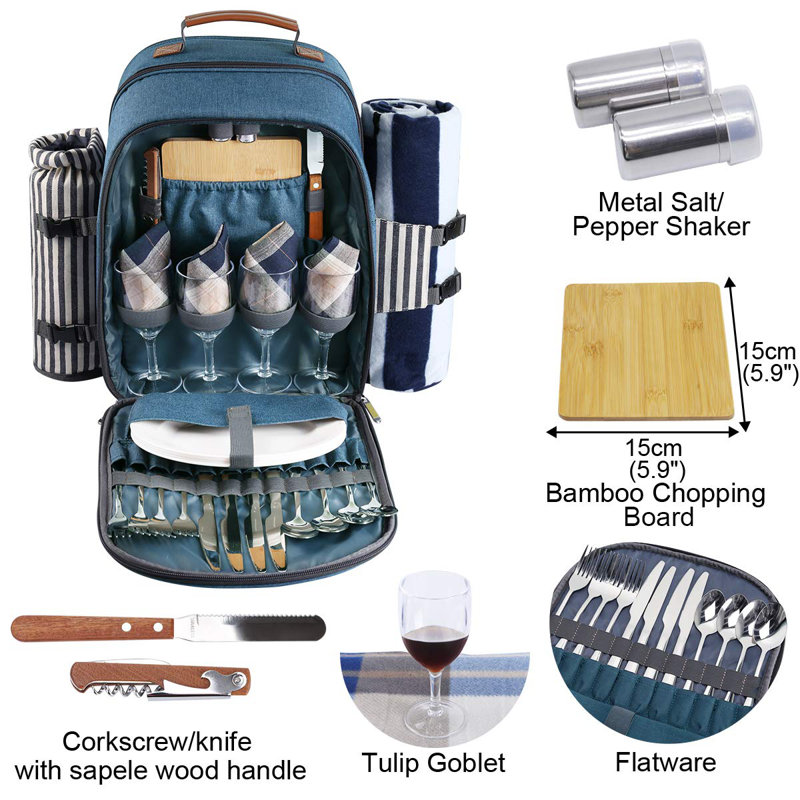 MERCURY CITY LLC Picnic Backpack For 4 Person With Blanket Picnic Basket Set For 2 With Insulated Cooler Wine Pouch For Family Couples Blue Stripe Wayfair